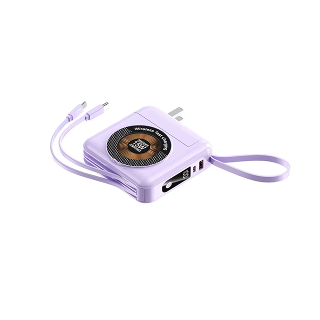 Cross-border AC Plug Magnetic Wireless Charging PVC Power Bank Built-in Lithium Battery LED Display Dual Cables 20000mAh Type-C