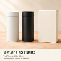 Boîtes à café et thé en fer blanc à double couvercle hermétique, cylindriques hautes, blanches mates et noires, pour usage industriel, avec compte-gouttes alimentaire et opercule scellé.