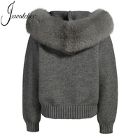 Vêtements d'extérieur chauds cardigan tricoté veste fermeture éclair vente en gros doux hiver luxe grand col en vraie fourrure de renard à capuche pull personnalisé pour femmes