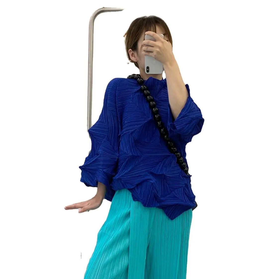 Moda señora Argyle plisado superior azul oscuro forma Irregular versión larga camisa para Primavera Verano ODM suministro