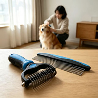 Ensemble de peignes à poils longs et de brosses de toilettage pour chiens et chats à poils longs, 2 en 1, en acier inoxydable, poignée ergonomique, bleu
