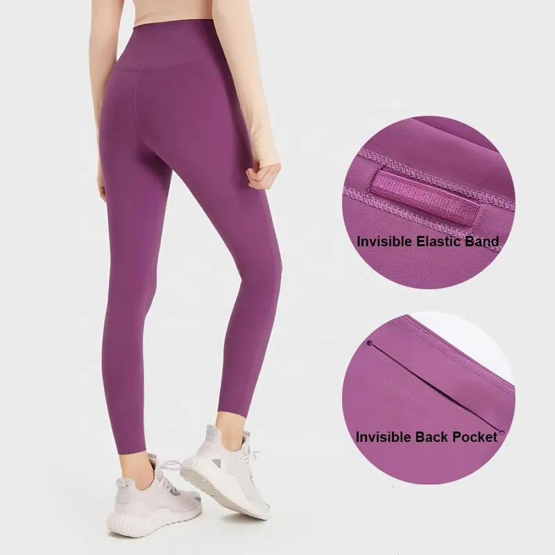 Ins Celana Legging Yoga Tanpa Jejak Warna Solid, Celana Ketat Kompresi dengan Kantong untuk Wanita, Celana Gym Kontrol Perut Elastis Tinggi