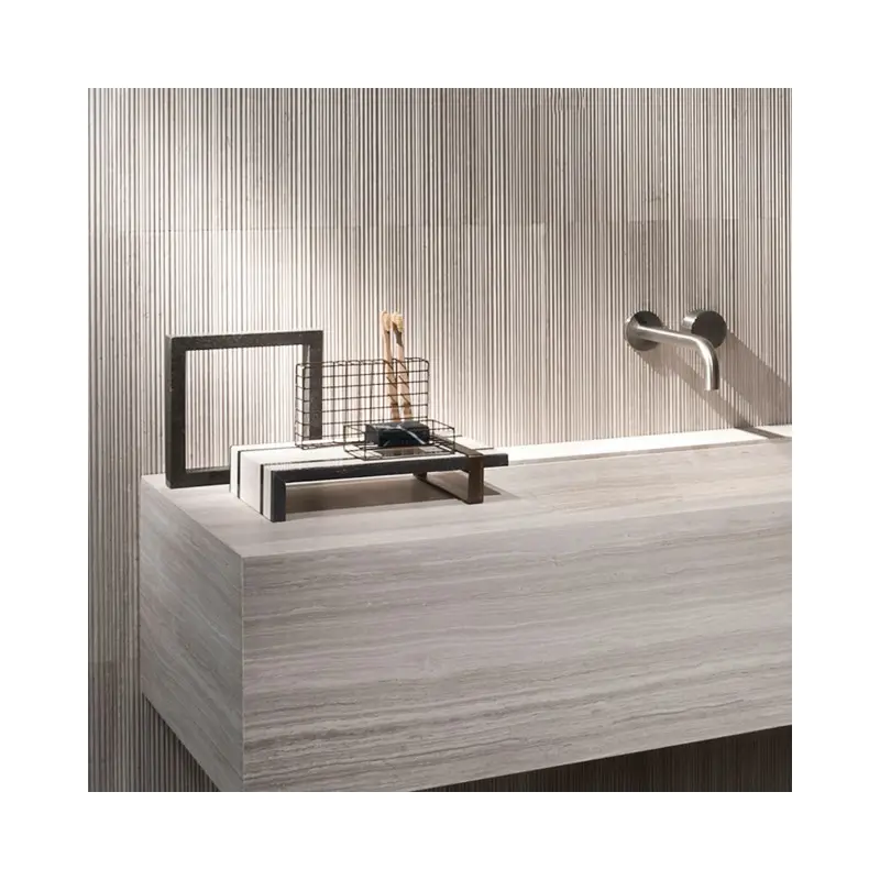 SHIHUI desain Modern kontemporer putih bambu putih pembuluh kayu marmer panel dinding ubin untuk pelapis Dinding