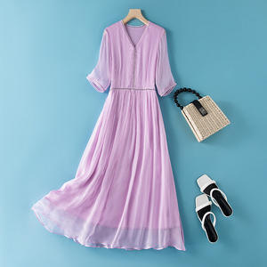 <span class=keywords><strong>Robe</strong></span> en soie pour femme, nouvelle collection été 2026, col en V, <span class=keywords><strong>mi</strong></span>-<span class=keywords><strong>longue</strong></span>, manches courtes, coupe ajustée, <span class=keywords><strong>longue</strong></span>, style A, plage, élégante, tendance - Product Image 2