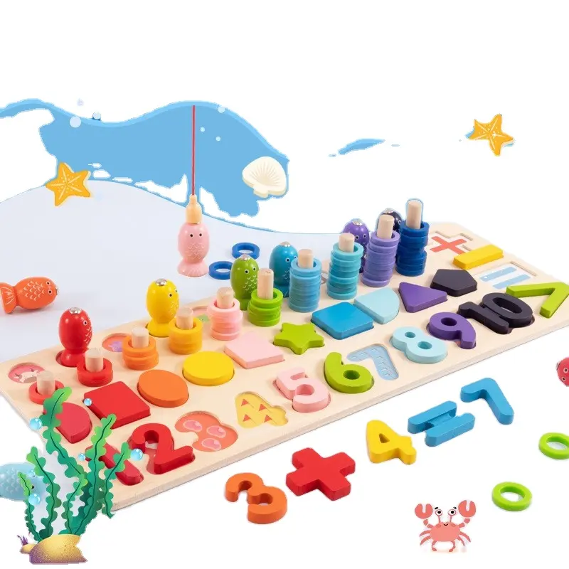 木製モンテッソーリおもちゃ5in1対数ボードと数学釣りゲーム番号は幼児のための教育玩具を形作ります