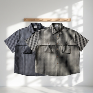 Camisa de Vestir de Manga Tres Cuartos, Estilo Retro Americano, a Cuadros, Tejida, Lavada, con Doble Bolsillo, para Hombre, Verano - Product Image 1