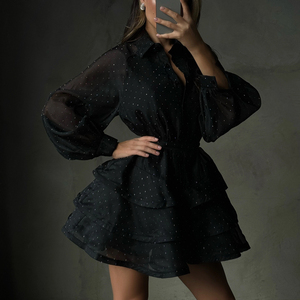 Abito Corto <span class=keywords><strong>Nero</strong></span> da Donna con Cintura e Bottoni, <span class=keywords><strong>Maniche</strong></span> <span class=keywords><strong>Lunghe</strong></span>, in Rayon con <span class=keywords><strong>Paillettes</strong></span> e Diamanti, per Feste, Collezione 2025 - Product Image 2
