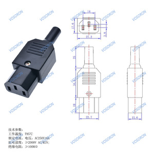 <span class=keywords><strong>Conector</strong></span> de Cable Recto IEC <span class=keywords><strong>C13</strong></span> C14 16A 250V Negro, <span class=keywords><strong>Conector</strong></span> de Alimentación Reutilizable Hembra y Macho, Enchufe de CA de 3 Pines - Product Image 5