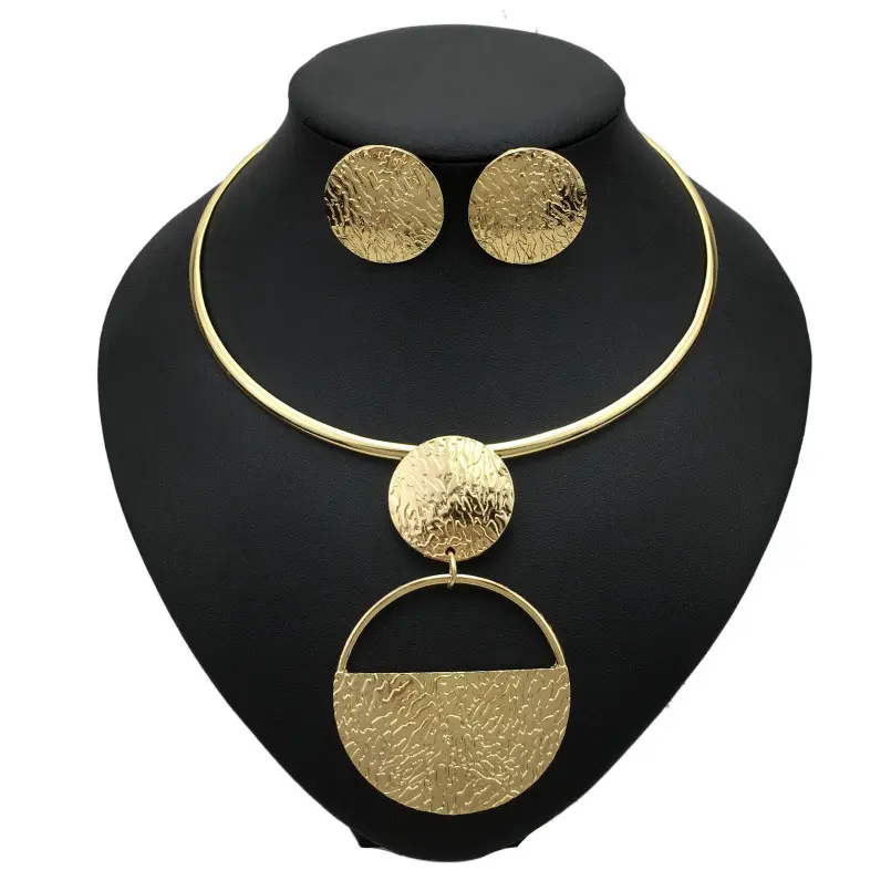 Moda geometrik Metal altın kaplama alaşım yuvarlak kolye gerdanlık kolye küpe bildirimi afrika takı setleri kadınlar için