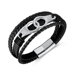 OPK Atacado Custom Alta Qualidade Double Buckle Aço Inoxidável Fecho Magnético Multi-Layer Pulseira De Couro Trançado para Homens