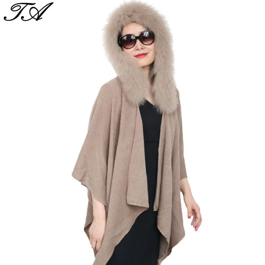 Hot Selling Plain Fox Fur Trim Hooded Acryl Rib Garen Geverfd Gebreide Dunne Lange Grote Blank Cape Met Bont