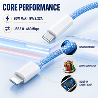 Câble de données tressé en nylon écologique 20W Type-C vers 8 broches pour charge rapide iOS et Power Bank, multicolore, logo personnalisé