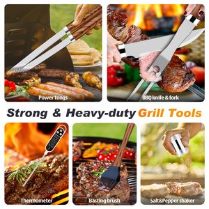 Ensemble d'outils de barbecue en acier inoxydable, ustensiles de barbecue robustes, kit d'outils de cuisson antidérapants avec thermomètre - Product Image 3