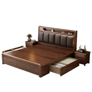 Modern Minimalist Double Bed 1.5M Solid Wood Storage <b>Headboard</b> Bedroom Furniture With Drawer Storage For Adults And Elderly - Product Image 1
