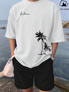 Factory for customizable crew neck short-sleeved shirts and drawstring waist shorts with letter and palm <b>tree</b> prints.F10 - Product Image 4