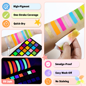 Palette de <span class=keywords><strong>peinture</strong></span> pour le <span class=keywords><strong>visage</strong></span> néon mate pour enfants, 28 couleurs, marque privée, qualité cosmétique, haute pigmentation, séchage rapide, non toxique, activée à l'eau - Product Image 3