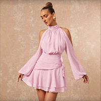 Robe Courte Femme Épaules Dénudées Col Montant Manches Longues Volants Superposés en Chiffon Robe de Soirée Sexy Dos Nu Tenues de Fête Personnalisation OEM