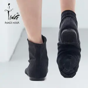 Sepatu bot dansa Jazz pria wanita, sepatu bot kanvas hitam desain bertali sol lunak bahan kulit asli, sepatu latihan dansa dewasa