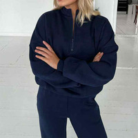 Pakaian Wanita Grosir Streetwear Tracksuit 2 Potong Set Sweatshirt Quarter Zip dan Celana Flare untuk Wanita