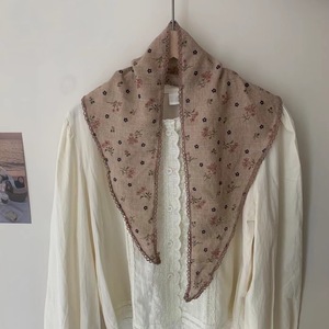 Sciarpa femminile in cotone <span class=keywords><strong>e</strong></span> lino con stampa digitale Vintage piccola sciarpa triangolare con manette a fiori - Product Image 4