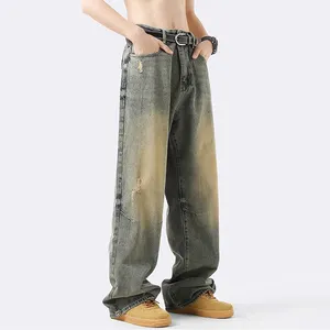 OEM personalizado para hombre de algodón pesado negro en blanco Denim apilado Boot Cut Jeans cremallera acampanados Jeans para hombres