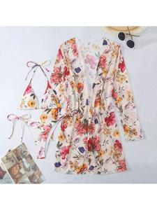 Bikini Floral de 3 Piezas Personalizado al por Mayor para Mujer con Kimono - Top Halter Triangular y Braguita Cheeky, Traje de Baño Bohemio - Product Image 4