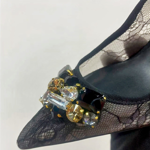 Women High Heels Stiletto Summer Pointed Toe Rhinestones Slingback Shoes Dress on Back Strap Sexy <b>Black</b> Lace <b>Pumps</b> - Product Image 6