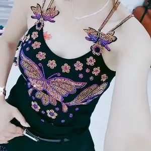 Top de <span class=keywords><strong>tirantes</strong></span> largo de punto ajustado con pedrería brillante y lentejuelas para <span class=keywords><strong>mujer</strong></span>, estilo mariposa, sin mangas, para discoteca, fiesta o vestir - Product Image 1