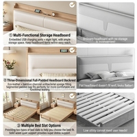 Lit plateforme moderne en chêne massif, style nordique, avec tête de lit, rangement et port de charge USB pour la maison (tailles Full/Queen/King)