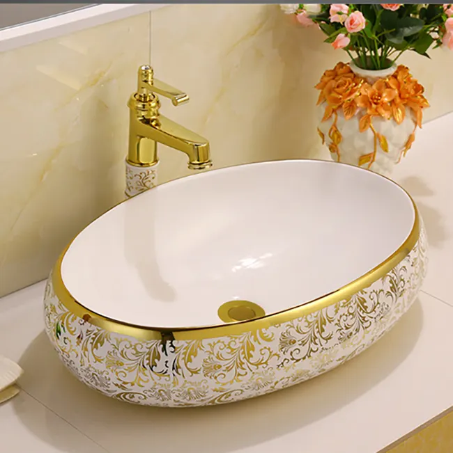 Nouvel évier élégant design avancé sens vanité évier doré salle de bain ovale lavage porcelaine visage lavabo