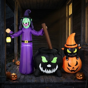 Combo Inflable de Bruja de Halloween: Vestido Morado con Sombrero de Caldero, Gato Negro y Calabaza Luminosa para Decoración de Jardín y Tienda - Product Image 2