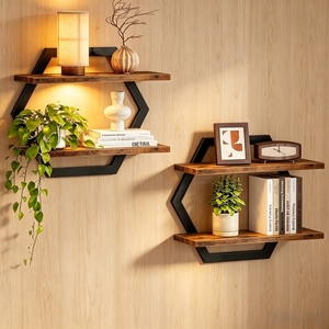 Paquete de 2 Estantes de Pared Hexagonales de Madera y Metal, Estantes Flotantes para Decoración de Pared para Dormitorio, Sala de Estar, Jarrones, Soporte para Plantas - Product Image 4