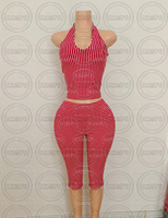 Nueva Colección Y2K Ropa para Mujer, Conjunto de 2 Piezas con Logotipo Personalizado, Top Halter sin Espalda con Estampado de Puntos Rosas y Pantalones Cortos Plegables