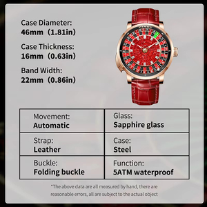 Montre de luxe pour hommes, avec roue de roulette, bracelet en cuir rouge, cadran incrusté de diamants, fonction de rotation du bouton, disque de jeu, montres de casino nh35 - Product Image 4
