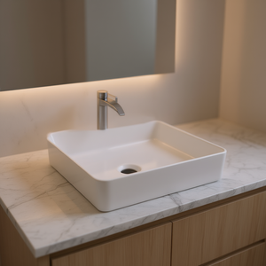 Lavabo Cuadrado de Cerámica Blanca para Baño, 15.69x15.69 Pulgadas, Moderno, de Montaje Sobre Encimera, Acabado Brillante - Product Image 2