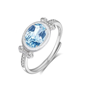 9 Factory 6*8mm Oval cut Blue Topaz <b>Adjustable</b> <b>Rings</b> Natural Stone 925 Silver Rhodium Plated Brushed Fine Jewelry for Women - Product Image 1
