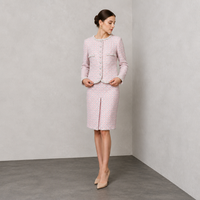 Ensemble veste en tweed et jupe crayon rose bouclé, tenue deux pièces pour femme, blazer sans col avec boutons argentés