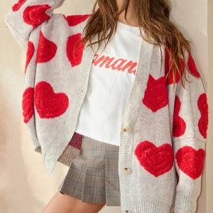 Kustom grosir musim gugur wanita Formal modis bordir bersirkulasi hati leher V rajutan sweter kardigan Pullover ukuran besar - Product Image 4