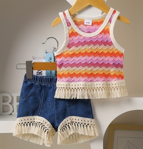 Ensemble deux pièces pour petite fille 2026 : débardeur en tricot à pompons + <span class=keywords><strong>short</strong></span> en jean à pompons – Adorable ensemble 2 pièces - Product Image 1