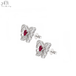 Boucles d'oreilles clous papillon modernes et intemporelles en or blanc massif 14 carats avec rubis et diamants, bijoux raffinés pour occasions spéciales - Product Image 2
