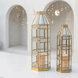 Mnaufacturers Gold Metal Moroccan Handmade Candle <b>Lanterns</b> with Floral Glass for Ramadan Decoration - Product Image 2