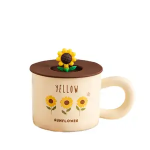 Zogifts Creative Cream Sunflower Flower Ceramic With Lid Simple Gift Water Mug Handmade Cute Sublimation