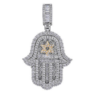 Hiphop Jewelry Baguette Cz Diamond Hamsa Hand Mens Fatima Pendant - Product Image 5