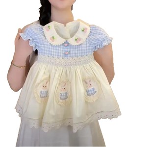 Tongxingyuan Girls Summer Sweet Dress Grid Cartoon Lace Trim Cotton Princess Style One Size Fits All - Product Image 5