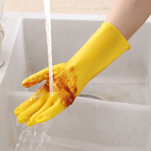Guantes de goma para el hogar, impermeables, antideslizantes, para lavar platos, para limpieza y lavandería, color amarillo sólido - Product Image 4