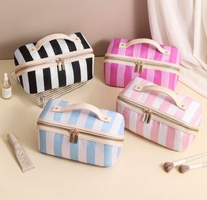 Pochette de toilette portable à pois durable avec monogramme, pochette cosmétique à fermeture éclair rayée pour femme, organiseur de voyage - Product Image 3