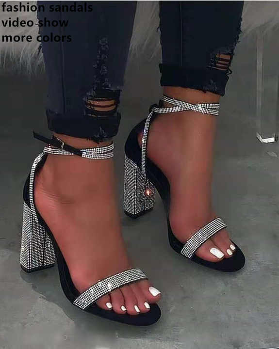 Thick Heel Diamond Square Toe Open Toe Sandals main image 1