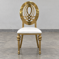 Chaise de banquet ovale en acier inoxydable doré avec dossier sculpté et assise en cuir PU