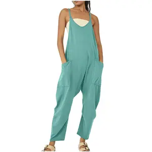 Phụ Nữ Mùa Hè Rắn Spaghetti Dây Đeo Dressy Jumpsuits V Cổ Bib Quần Dài Giản Dị Không Tay Romper Cộng Với Kích Thước Hoa In Túi