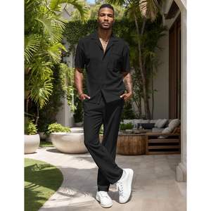 Conjunto de 2 Piezas de Verano para Hombre, Estilo Casual, Camisa de Manga Corta con Botones, Pantalones Holgados, Traje Deportivo a Rayas Texturizadas - Product Image 4